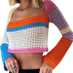 Rainbow Multicolor Crochet Bell Sleeve Crop Top Festival Concert Hippie Medium